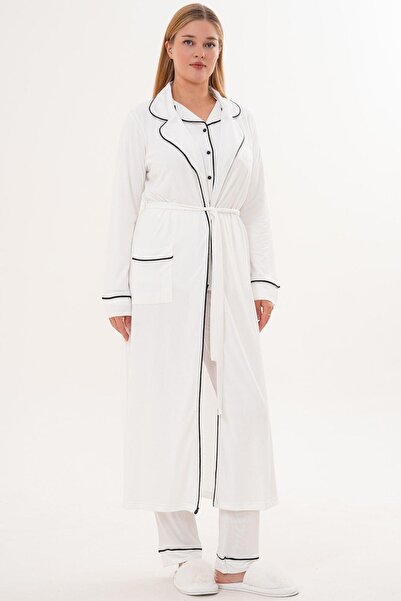 Mecit Pijama Mecit 6333 Ecru Women's Buttoned Pajama Set with Robe