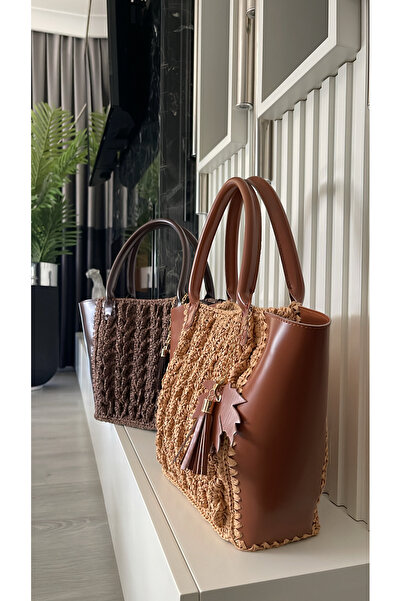WOMANBAG Handmade Leather Accessory Straw Shoulder Bag (40X42Cm) Brown Taba Black Color