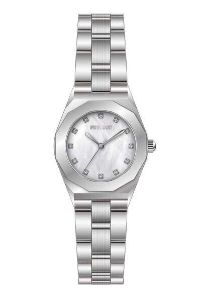 Furious Jewelry Octagon Silver Diamond-Studded Watch – Natural Mother-of-Pearl Dial