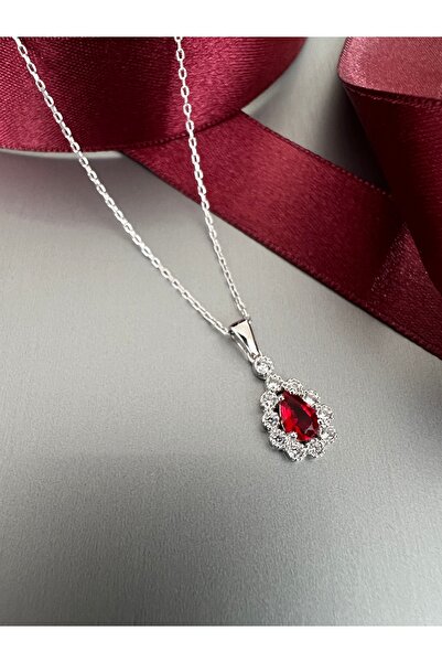 Zeta Jewel 925 Ayar Gümüş Damla Yakut Taşlı Zirkon Kolye 40+5 cm Uzatmalı Zincir