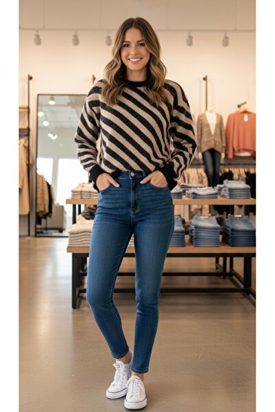 BİLGENS BUTİK Pulover moale cu model în dungi pentru femei (compatibil cu măr...