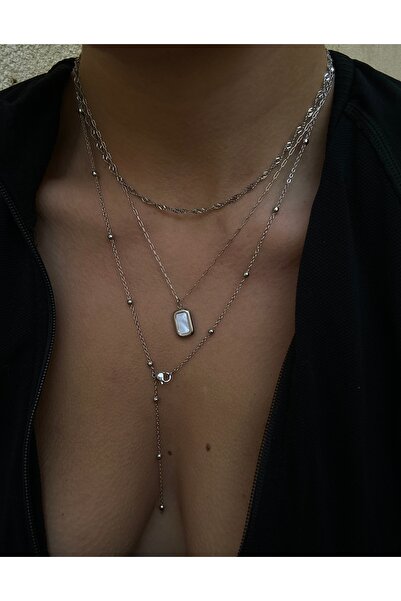 pop up store Stone Triple Chain Steel Necklace Set