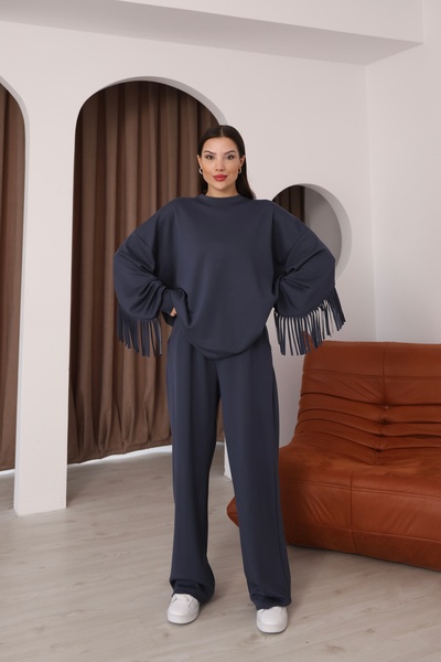 02Lady Fashion Oversized Tassel Detailed Modal Fabric Tracksuit Set