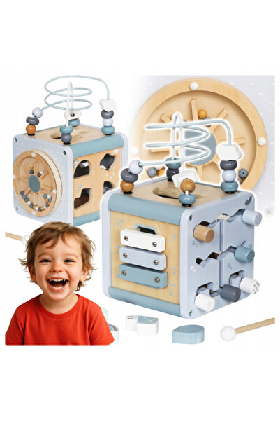 Gotel Cub educațional din lemn – jucărie senzorială și interactivă cu xilofon, labirint și sorter