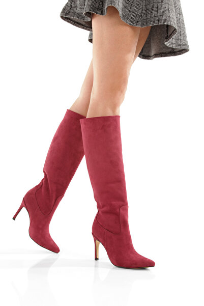 LUVETTO Cizme de damă cu vârf ascuțit, roșu claret, piele întoarsă 9 cm, cu t...