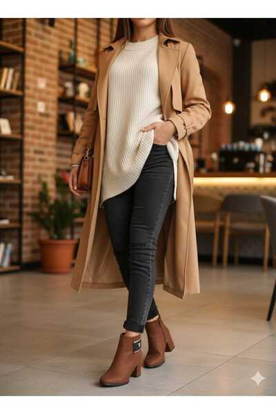 Efe Süet Kadın Bot Kalın Topuklu Topuk Yükseklik 6 Cm Taba Renk Dar Kalıp