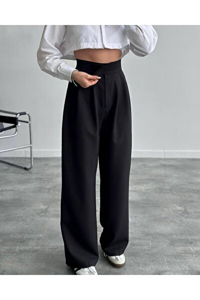 Luvty Kadın Beli Cırt Kapamalı Likralı Bol Paça KIŞLIK Şık Palazzo Pantolon -SİYAH