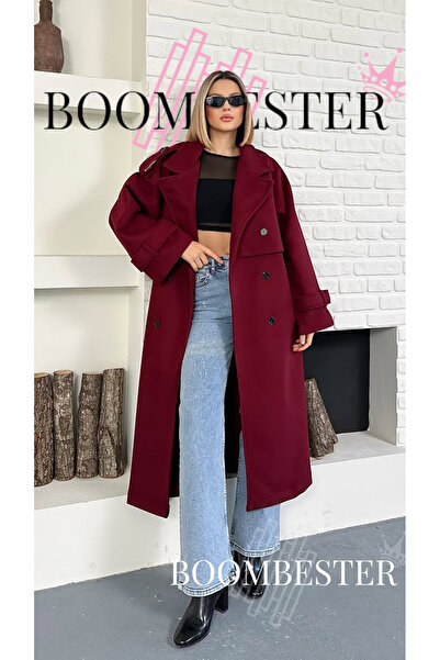 BoomBester Жіночий бордовий поясний оверсайз кашеміровий пальто / тренч