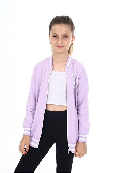Toontoy Πλεκτή ζακέτα με τύπωμα με φερμουάρ και ανοιχτό ώμο για κορίτσια σε λιλά χρώμα - 2 κλωστές
