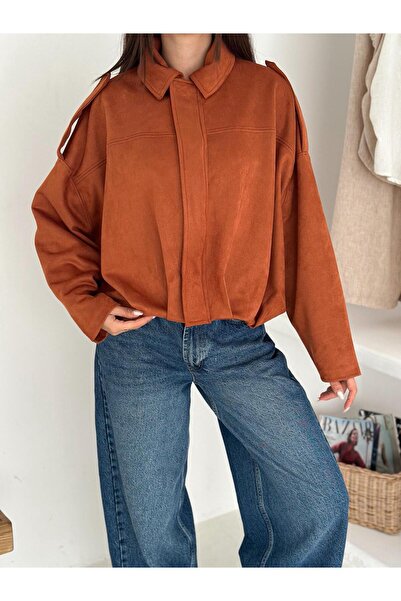 02Lady Fashion Oversized Suede Fabric Jacket with Epaulet Detail
