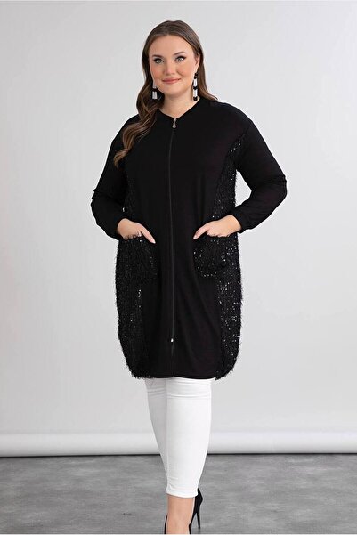 FOR ESRA BIG TREND Kadın Büyük Beden Yanlar Sakallı Pul Payet Cepli Fermuarlı Alt Lastikli Esnek Uzun Viskon Hırka