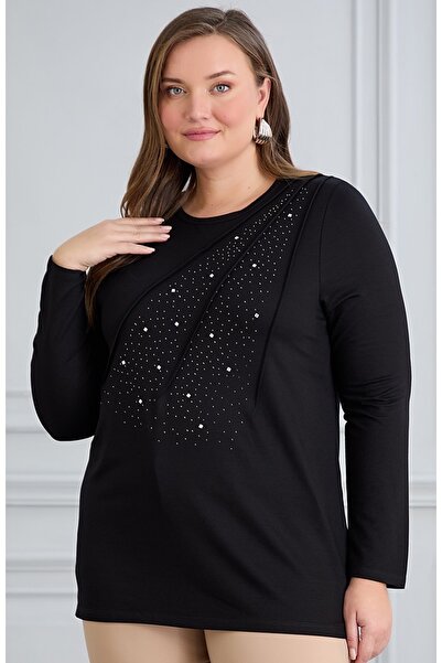 FOR ESRA BIG TREND Women's Plus Size Ribbed Stitching Detail Square Stone Print Long Sleeve Stretchy Viscose Blouse