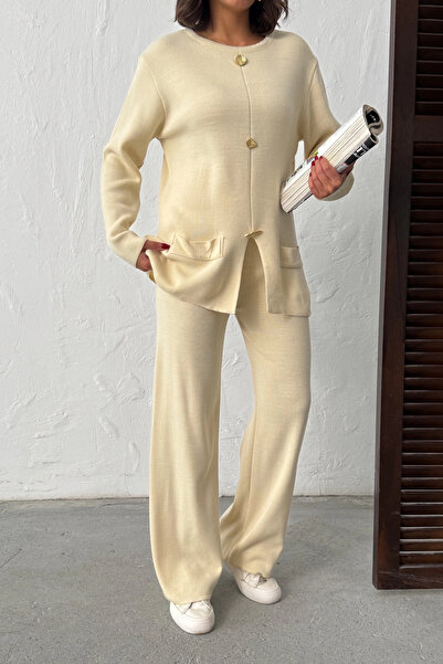 Lusin Women's Cream Gold Button Detailed Bottom and Top Two-Piece Knitwear Set