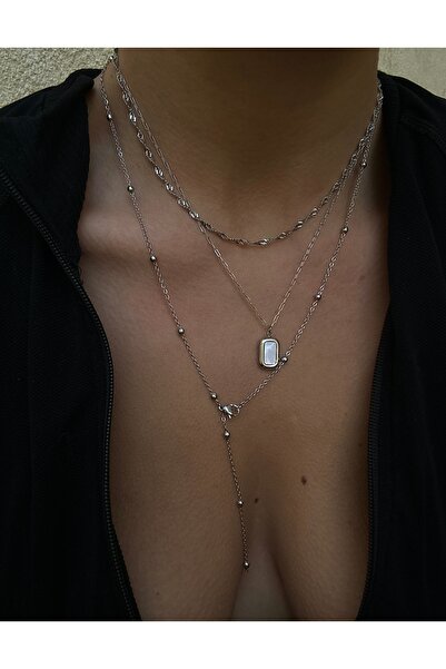 pop up store Stone Triple Chain Steel Necklace Set