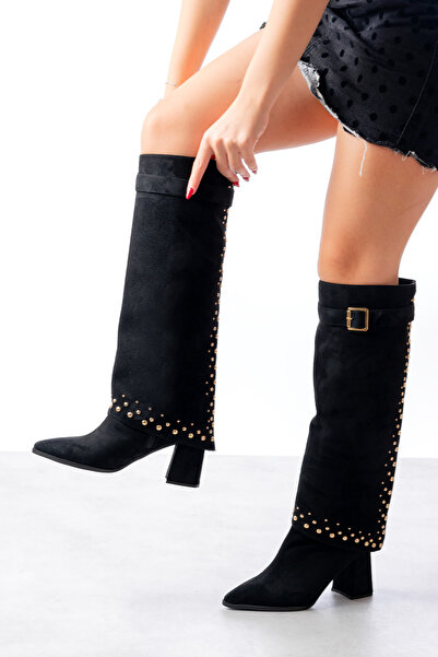 SEEM & BE Jennifer Trok Detaylı Tak Çıkar Western Topuklu Süet Siyah Çizme / Bot