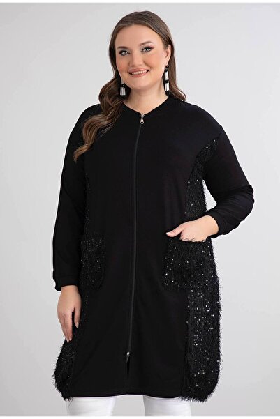 FOR ESRA BIG TREND Γυναικεία ζακέτα μεγάλου μεγέθους με γένια στα πλαϊνά, παγιέτες, τσέπες, φερμουάρ κάτω, ελαστική, ελαστική, μακριά ζακέτα από βισκόζη