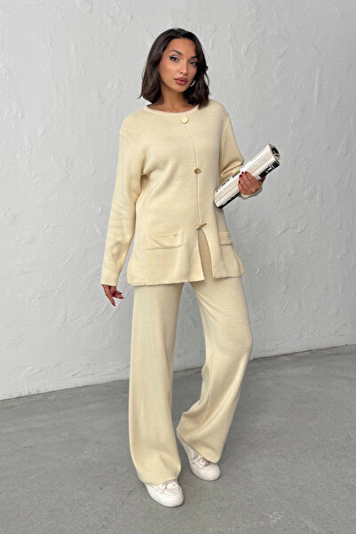 Lusin Women's Cream Gold Button Detailed Bottom and Top Two-Piece Knitwear Set