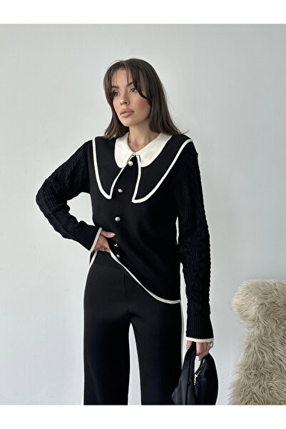 Lusin Women's Black Handle Hair Braid and Striped Detail Peter Pan collar Bottom-Top Stylish Knitwear Set