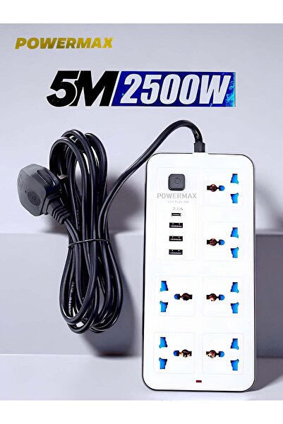 powermax شريط طاقة 10 في 1 - 2500 واط، 6 منافذ تيار متردد، 3 منافذ USB + PD Type-C، سلك بطول 5 أمتار - أبيض