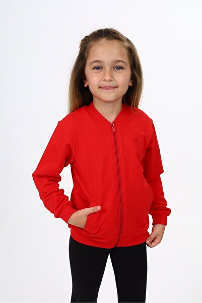 Toontoy Kırmızı Kız Çocuk Kolej Yaka Fermuarlı Cepli Yarım Düşük Omuz Nakış B...