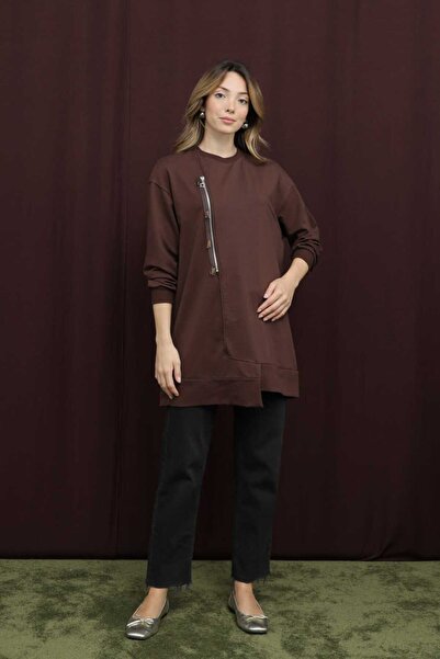 Puane Women's Two Thread Fabric Beaded Zipper Detailed Tunic