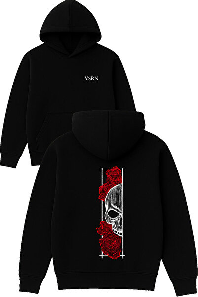 VSRN تصميم هيكل عظمي مع ورود مطبوع قصة فضفاضة سويت شيرت أسود بغطاء رأس