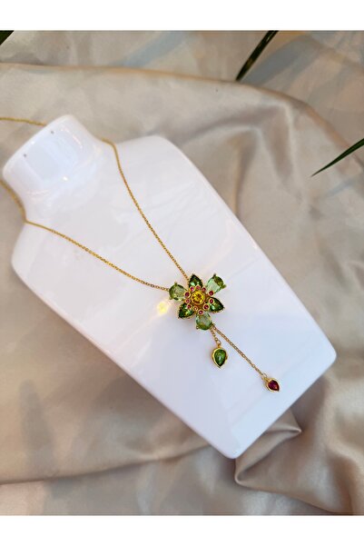 Sujewelleryy Swar Marka Çiçekli Taşlı Model Paslanmaz Çelik Y kolye