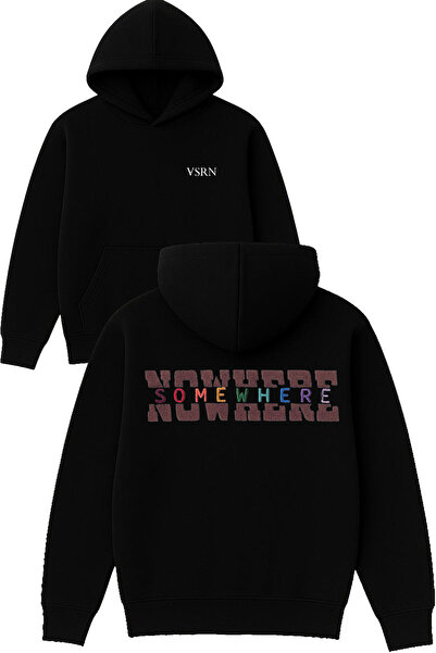 VSRN سترة رياضية سوداء من تصميم مطبوع قصة فضفاضة بغطاء رأس