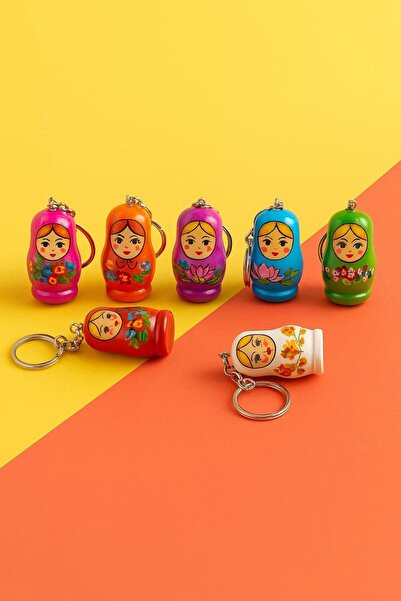 Wolawood Matruşka Anahtarlık 5'li Renkli Rus Bebek Ahşap Tasarım Sevimli Hedi...