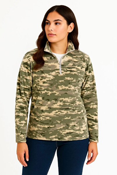 MODA Women's Half-Zip Patterned Fleece Sweatshirt – Khaki Camouflage Collar, ...