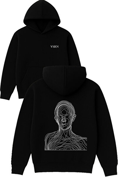 VSRN تصميم الرجل الخطي مطبوع قصة فضفاضة سويت شيرت أسود بغطاء رأس