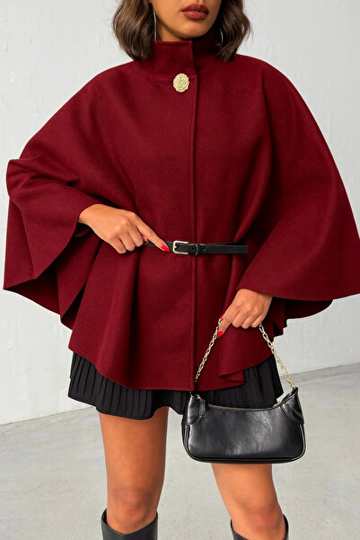 Lusin Γυναικείο μπουφάν με χρυσό κουμπί και λεπτομέρεια ζώνης σε μπορντό χρώμα