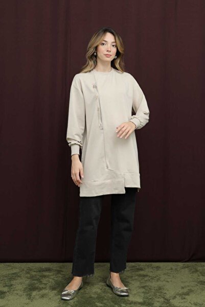 Puane Women's Two Thread Fabric Beaded Zipper Detailed Tunic