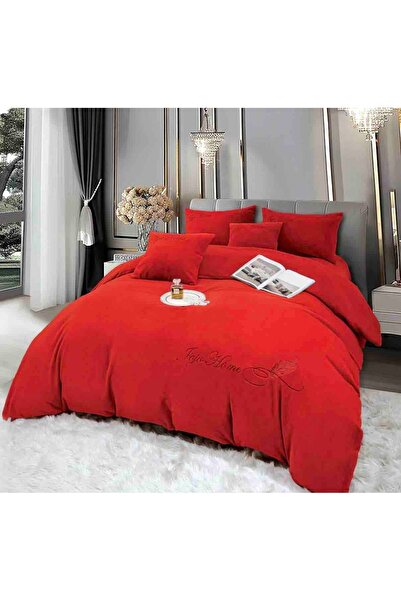 JOJO HOME Cocolino bedding set, faux rabbit fur, with elastic, 6 pieces, 180x200cm, Red
