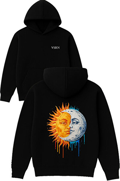VSRN sweatshirt negru supradimensionat cu glugă, imprimat cu design „sun sun ...