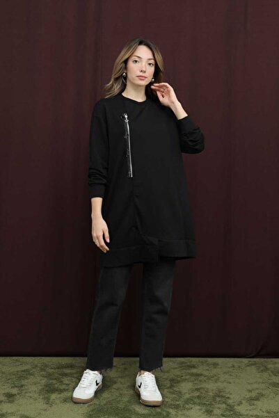 Puane Women's Two Thread Fabric Beaded Zipper Detailed Tunic