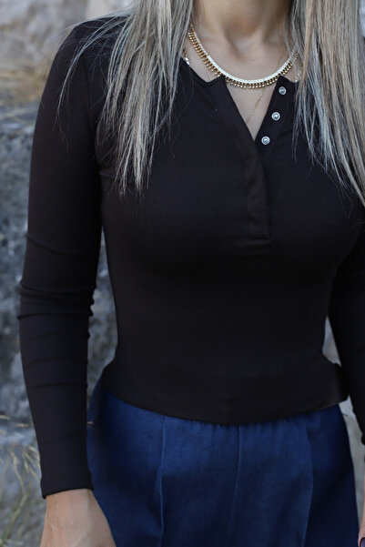 bytugcekaya Μπλούζα με κουμπωτά μπροστά σε καφέ χρώμα