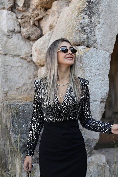 bytugcekaya Gümüş Payetli Kruvaze Elbise