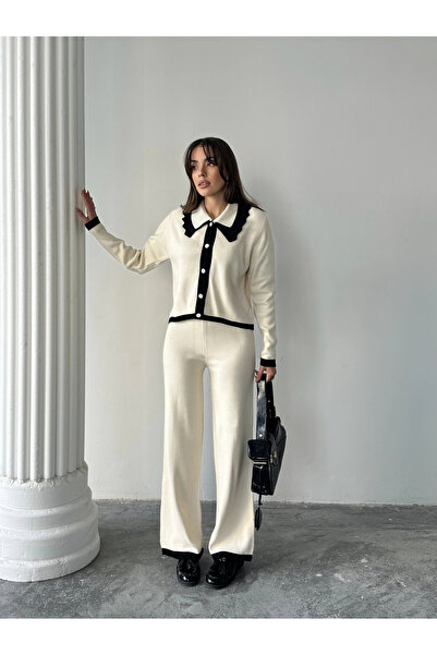 Lusin Women's Collar Detailed Top and Bottom Stylish Knitwear Set - Ecru