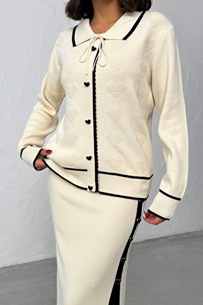 Lusin Women's Heart Button and Embossed Detail Skirt Cardigan Bottom Top Two-Piece Elegant Knitwear Set - Ecru