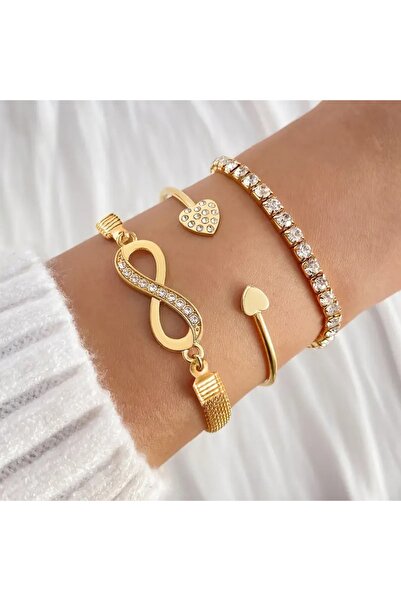 Feronnucci Altın Renk 3’lü Taşlı Sonsuzluk Kalp Kadın Bileklik Seti 0334