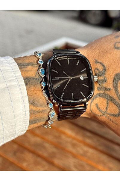 Fjellor Black Metal Cord Square Rounded Case, Black Dial, White Index, Men's Wristwatch with Calendar