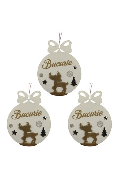 T&M Personalizare Set de 3 globuri - Joy - cerbi gravați rotundi, albi, 8 cm,...
