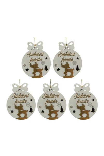 T&M Personalizare Set de 5 globuri - „Sărbători fericite” - cerb rotund, grav...