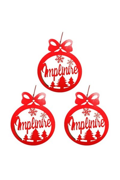 T&M Personalizare Set de 3 globuri - „Implinire” - rotunde, roșii, 8 cm, lemn