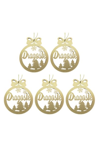 T&M Personalizare Set de 5 globuri - "Dragoste" - rotunde, aurii, 8 cm, lemn