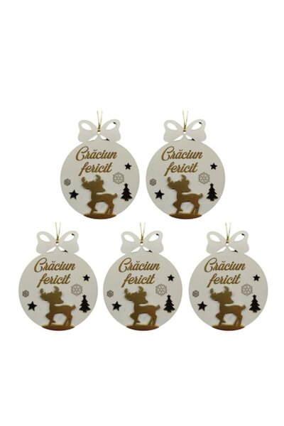 T&M Personalizare Set de 5 globuri de Crăciun - „Crăciun Fericit” - cerbi gra...