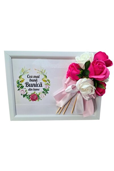 T&M Personalizare Înrămat A4 (30x21 cm) - Cea mai bună bunică, decorat cu flori de săpun roz și albe