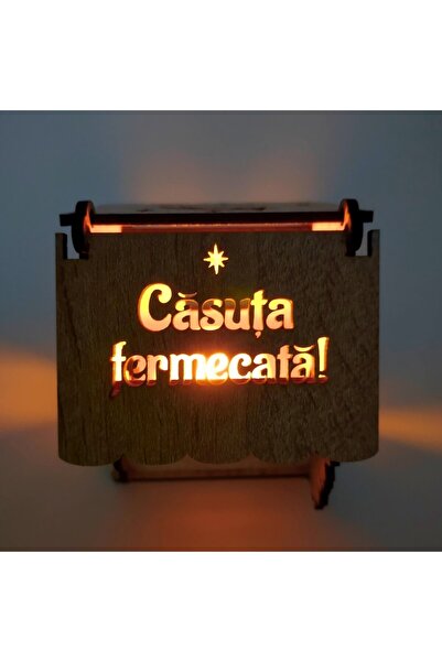 OEM Personalized wooden Christmas house, kraft brown with LED, 'Enchanting House' text, tree ornament, b