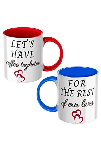 T&M Personalizare Set de 2 căni ceramice albastre și roșii 330 ml - „Hai să b...